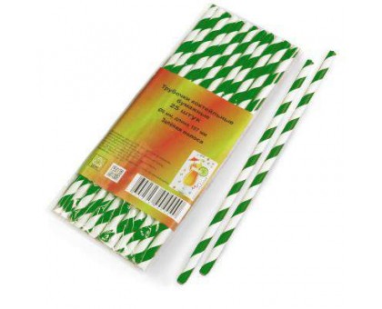 Трубочки бумажные, с зеленой полосой, 6х197 мм, 25шт/уп, для коктейлей и напитков