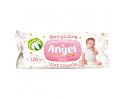 Детские влажные салфетки Angel Baby Care Premium, с клапаном, розовые, 120 шт\уп